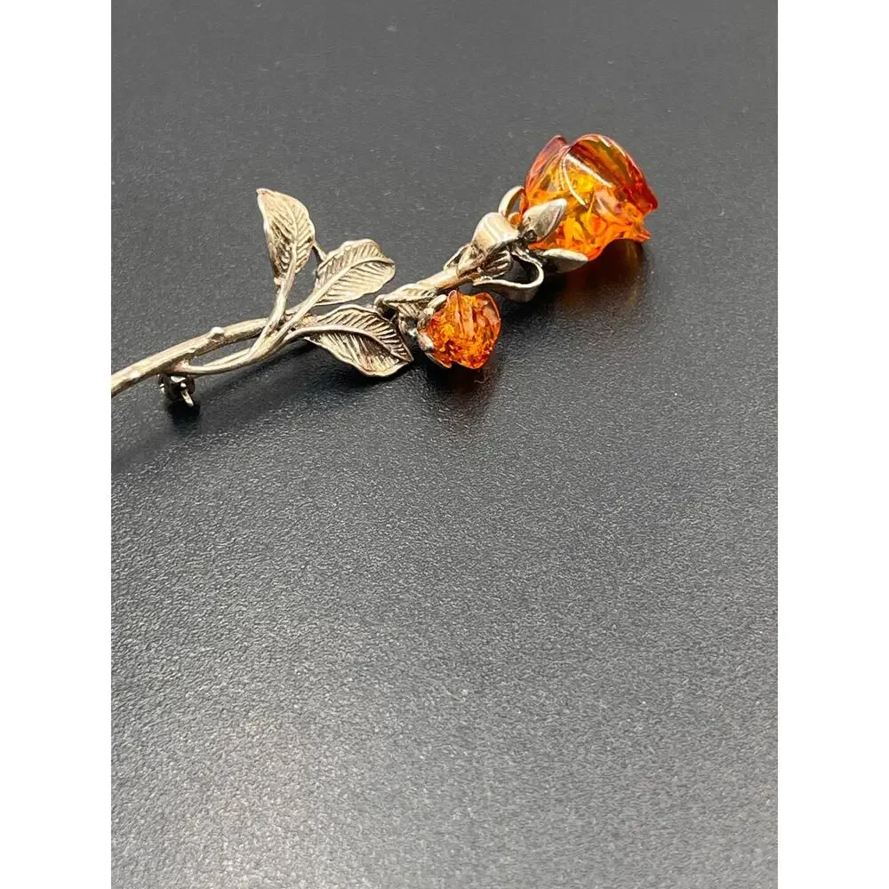 Baltic Cognac Amber Double Rose Brooch 925 Sterling‎ Silver Hand Carved Signed